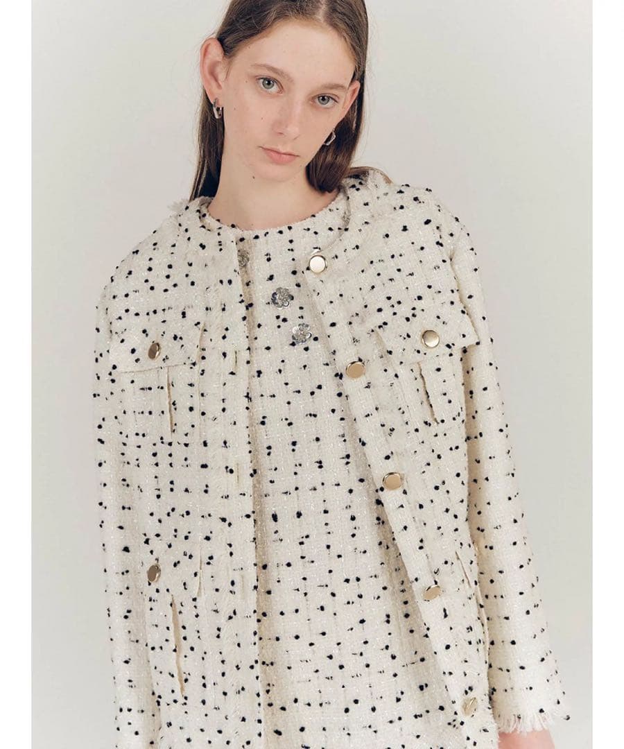 ノーカラーツイードジャケット　リリーブラウン