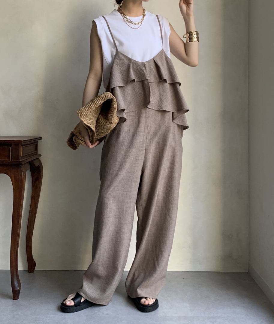 Doudou フリル付きブラウンサロペット