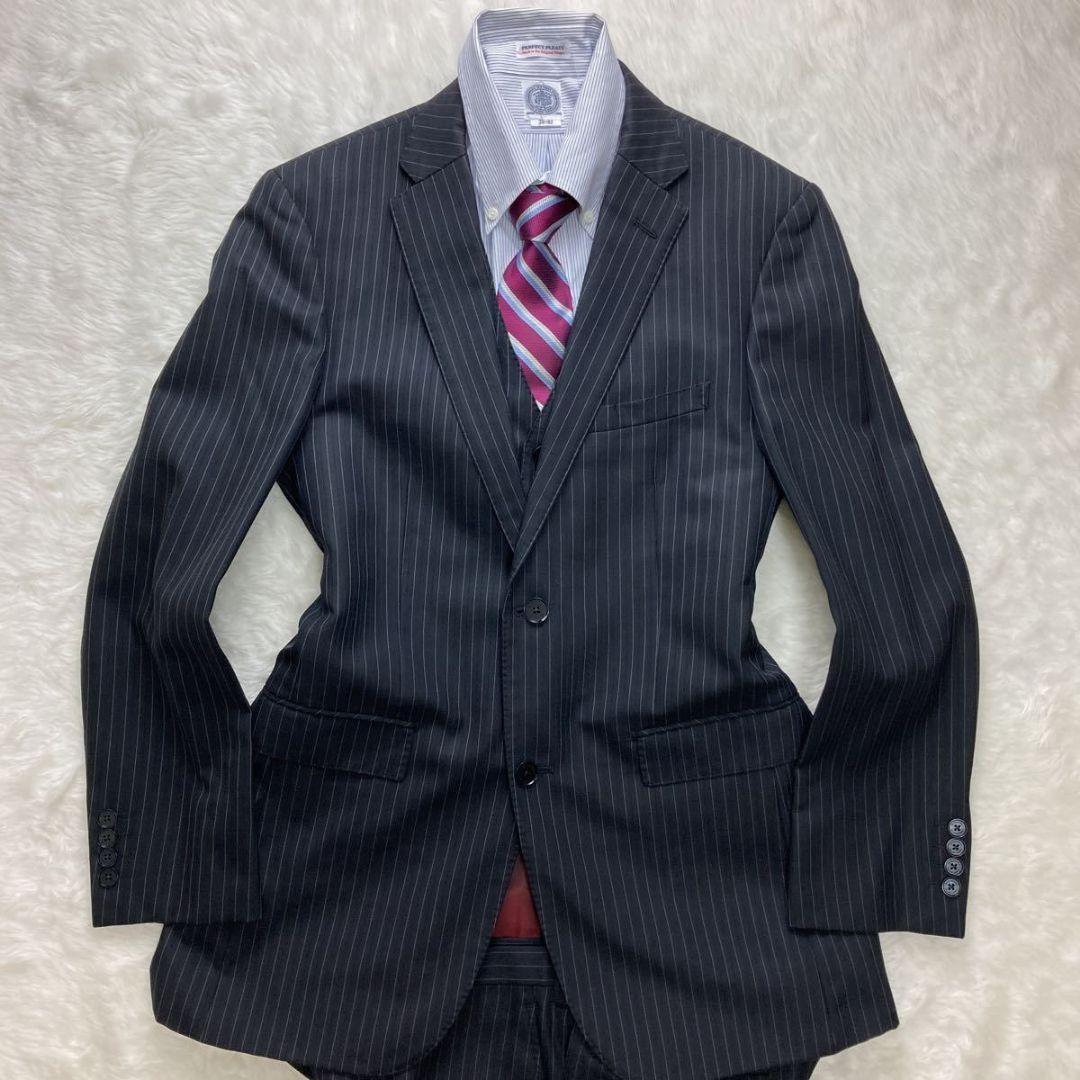 バーバリーブラックレーベル『3ピース』 ジャケット ベスト 黒 ストライプ 40
