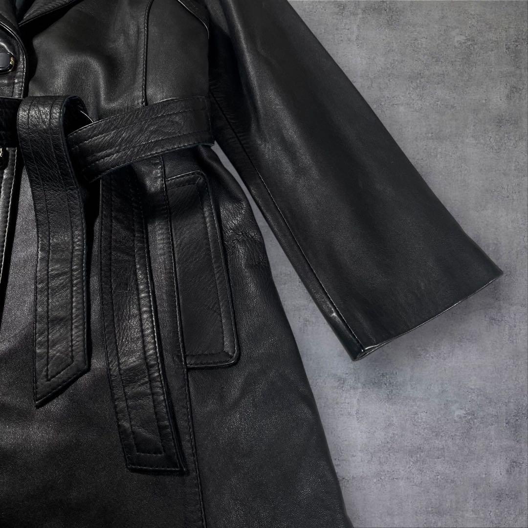 羊革 本革 レザーロングコート ベルトテッド ブラック サイズ11号