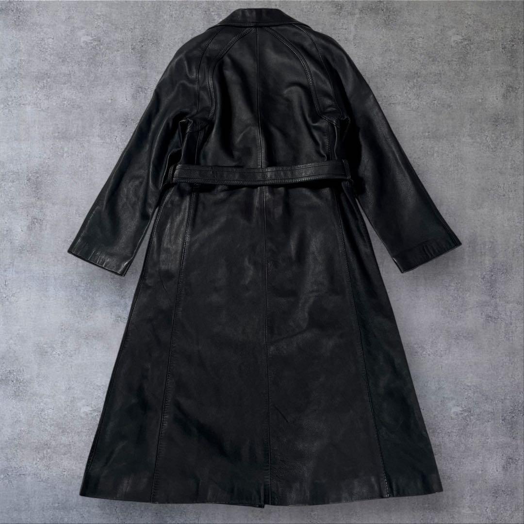 羊革 本革 レザーロングコート ベルトテッド ブラック サイズ11号