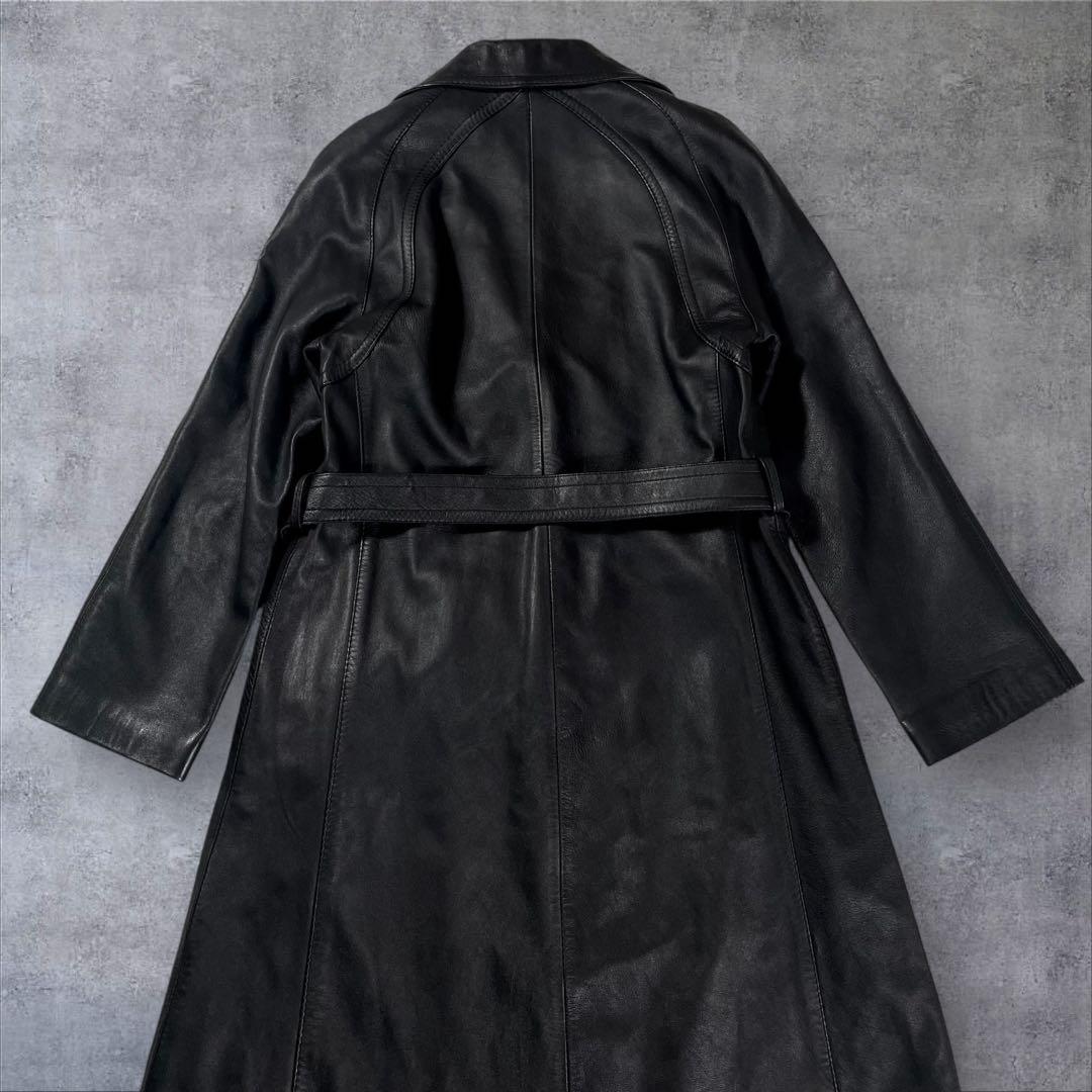 羊革 本革 レザーロングコート ベルトテッド ブラック サイズ11号