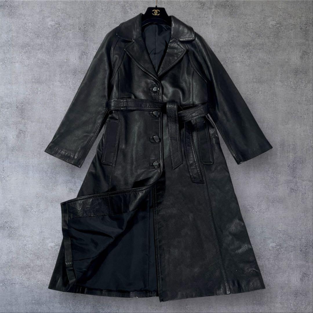 羊革 本革 レザーロングコート ベルトテッド ブラック サイズ11号