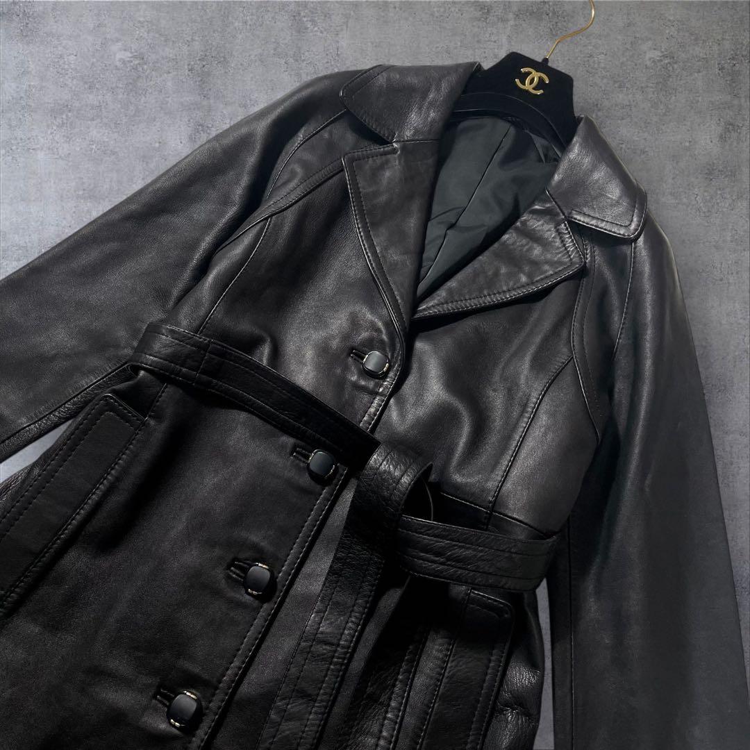 羊革 本革 レザーロングコート ベルトテッド ブラック サイズ11号