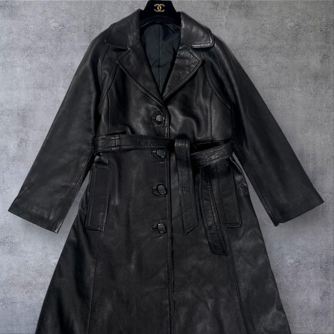 羊革 本革 レザーロングコート ベルトテッド ブラック サイズ11号