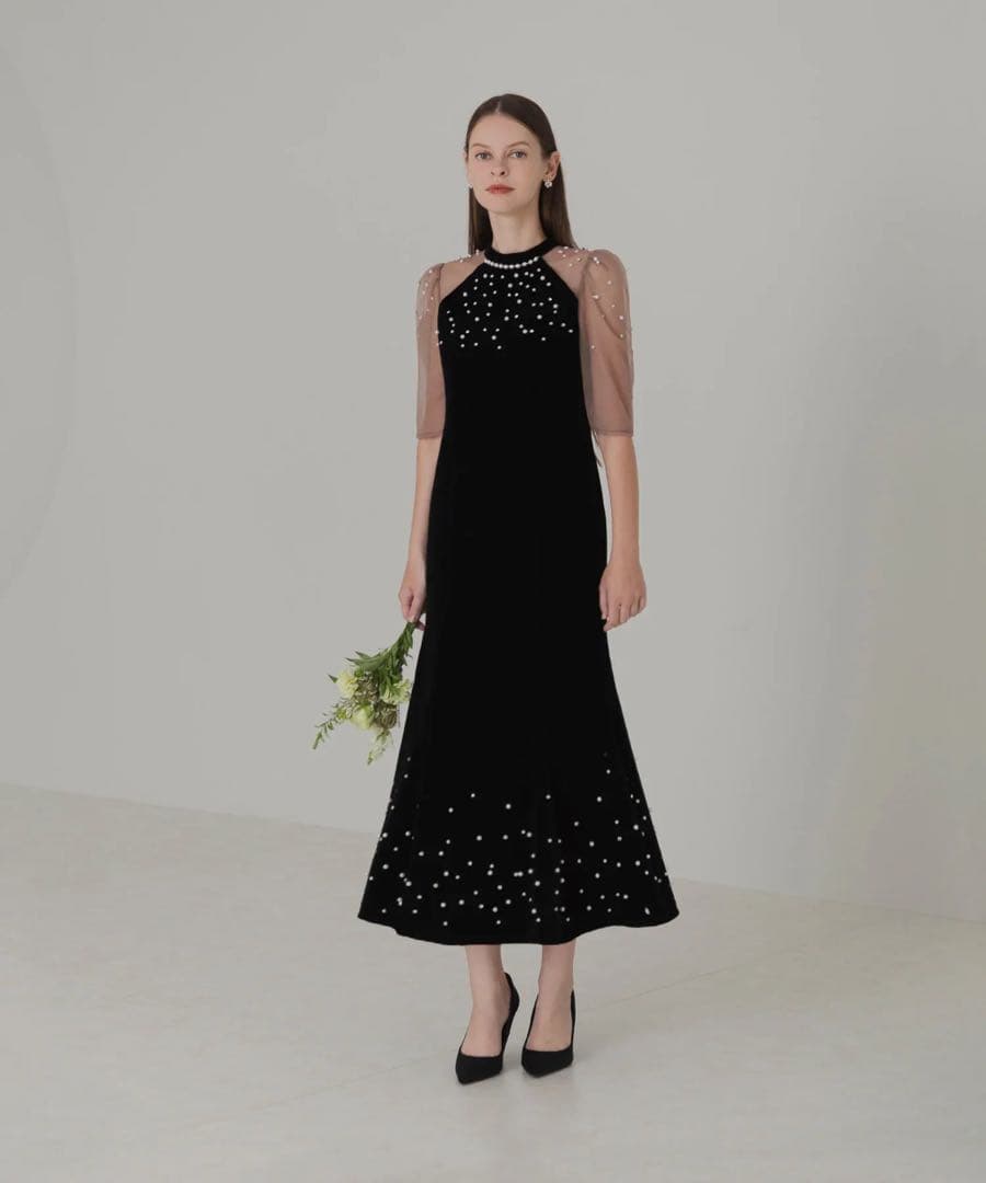 ＊美品＊ Leja シアースリーブパールビジューベロアマーメイドドレス