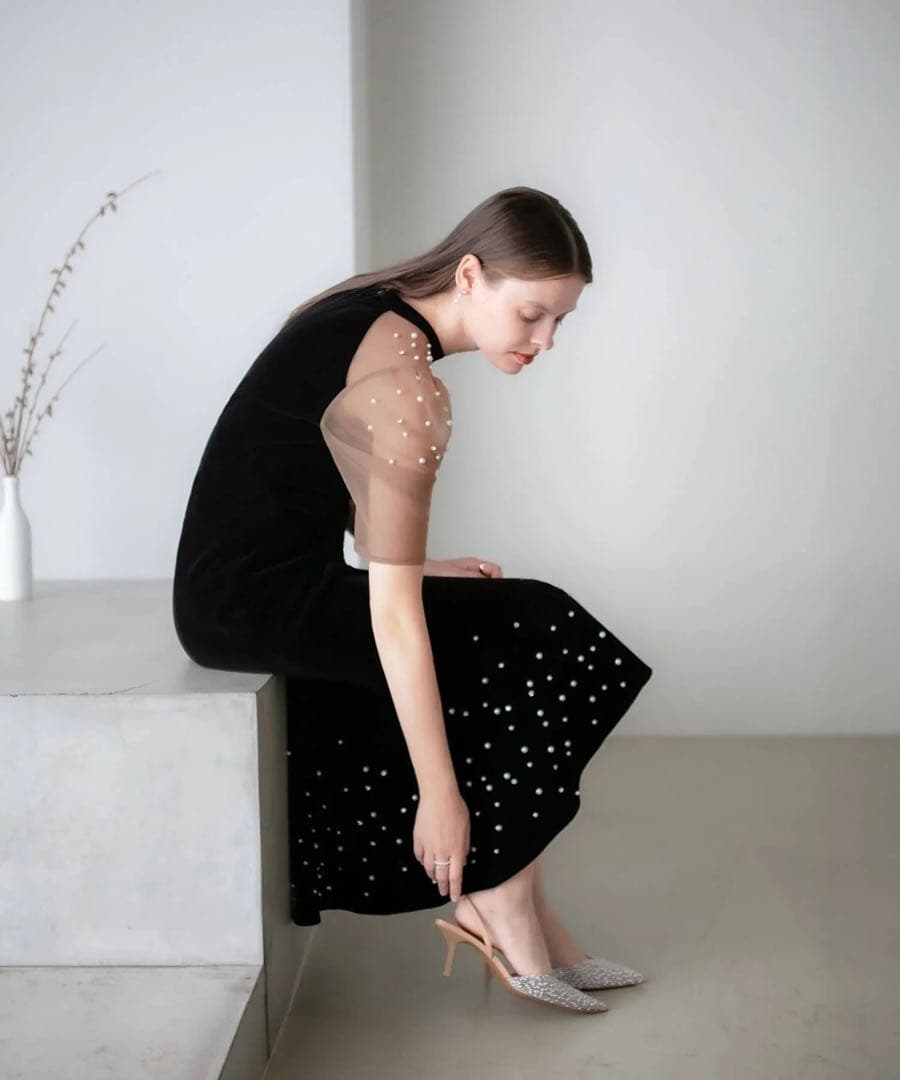 ＊美品＊ Leja シアースリーブパールビジューベロアマーメイドドレス