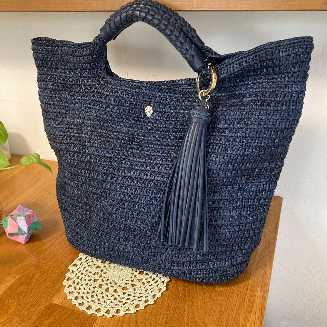 【美品】HELEN KAMINSKIレザーハンドル ラフィア トート バッグ