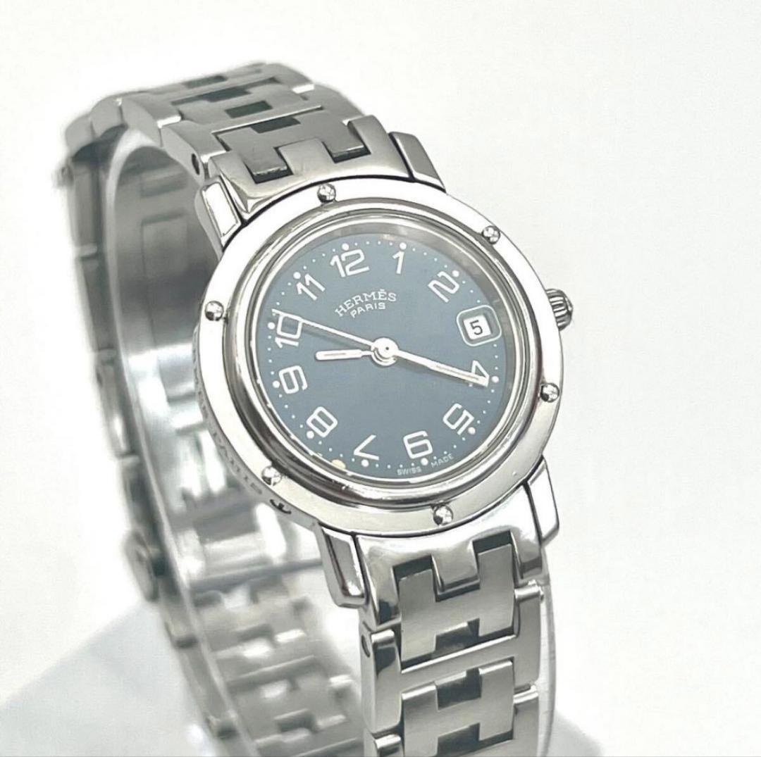 エルメス クリッパー 腕時計　ネイビー文字盤　レディース　シルバー　Hベルト