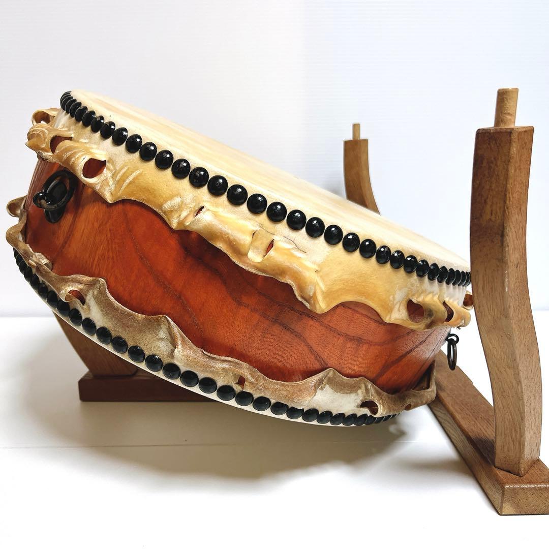 【美品】　岡田屋布施 台座　平太鼓 40cm×15cm バチ付き　和太鼓　打楽器