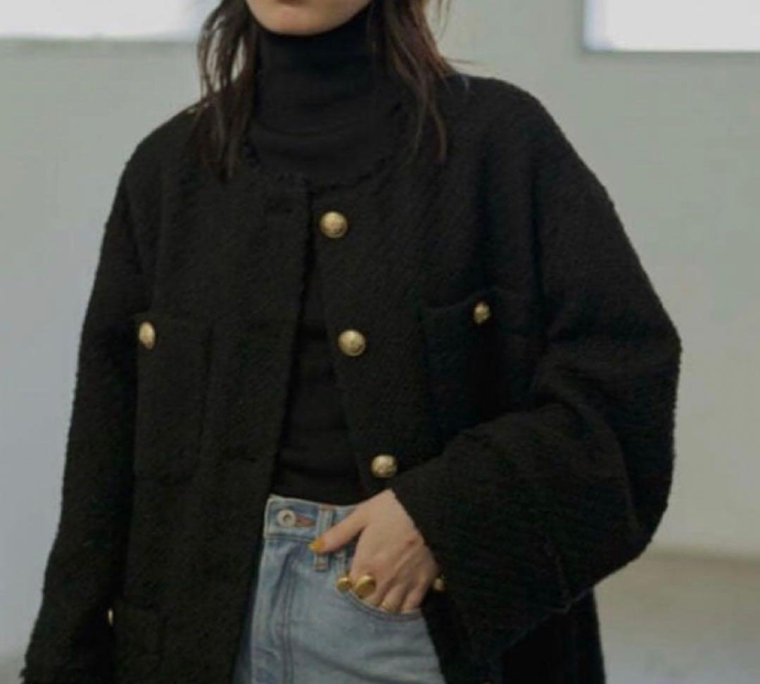 ノーカラーツイードジャケット　ラウンジドレス　ブラック　カーディガン　長袖