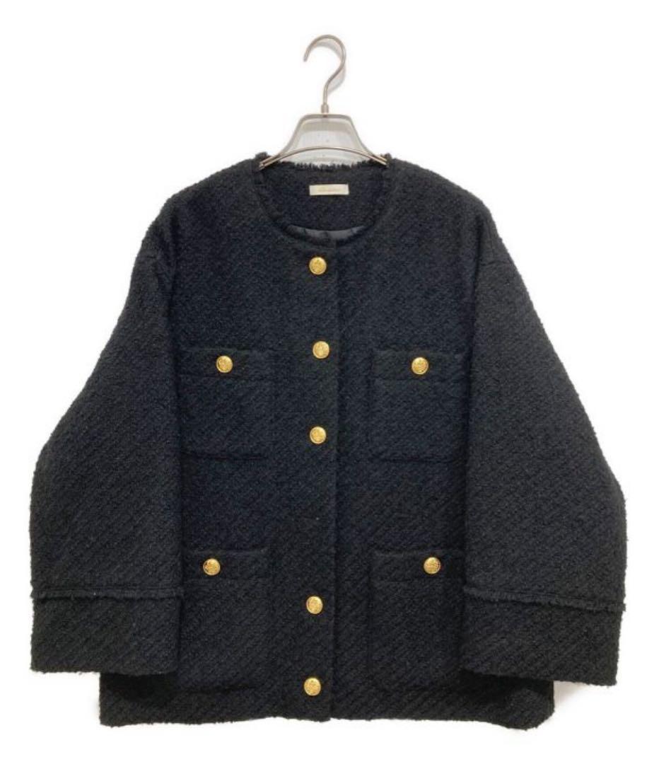 ノーカラーツイードジャケット　ラウンジドレス　ブラック　カーディガン　長袖