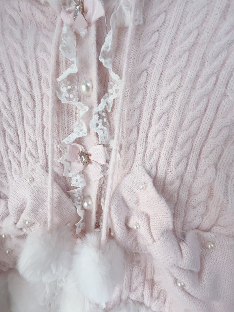 LIZ LISA リボンニット　フード付きピンクポンチョ