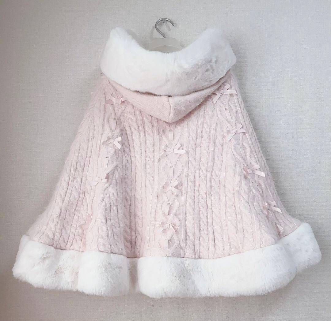 LIZ LISA リボンニット　フード付きピンクポンチョ