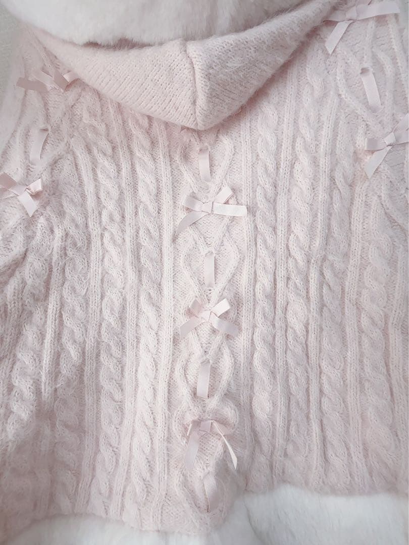 LIZ LISA リボンニット　フード付きピンクポンチョ