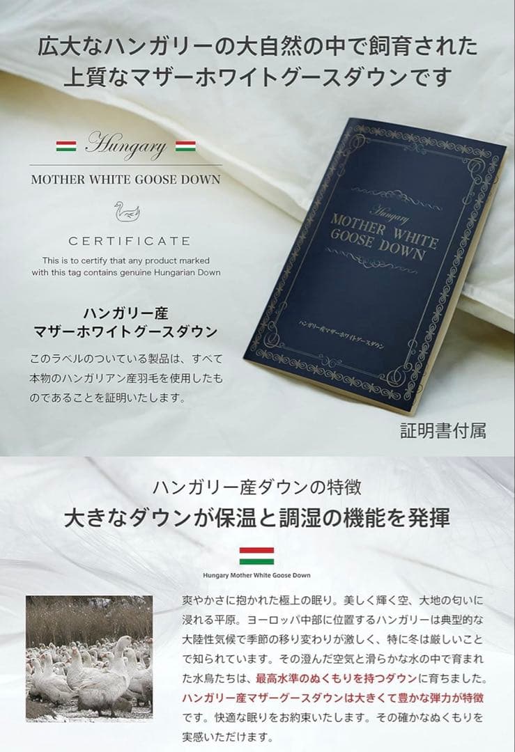 羽毛布団 シングル ハンガリー産ホワイトマザーグースダウン95% 日本製