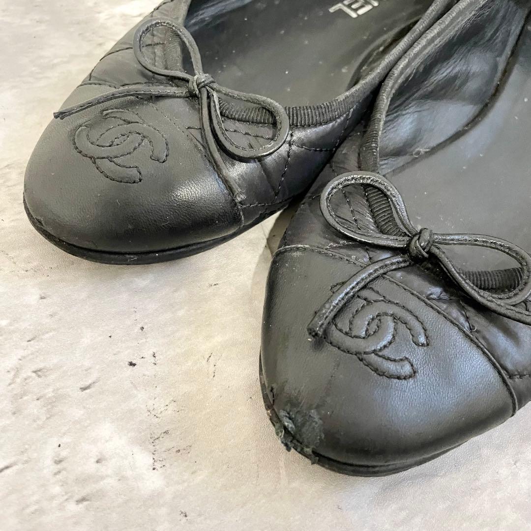 CHANEL バレエシューズ リボン ココマーク 36 1/2 ブラック 23㎝