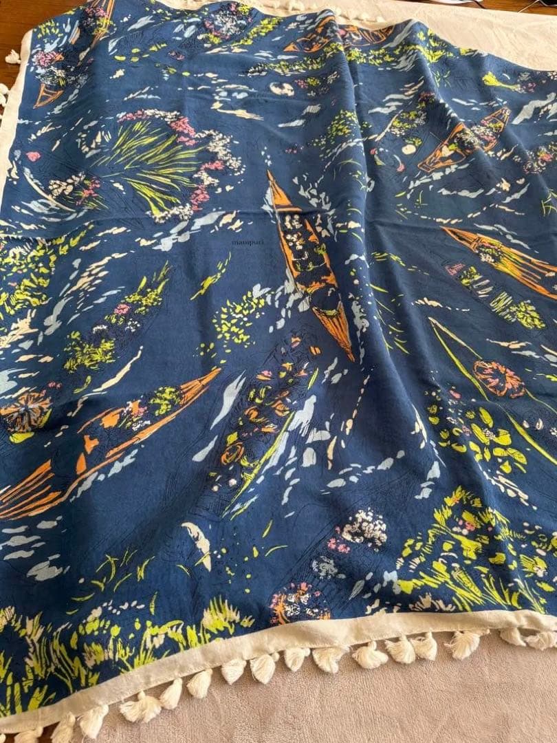 マニプリ ストール フリンジ　ネイビー シルクコットン　120