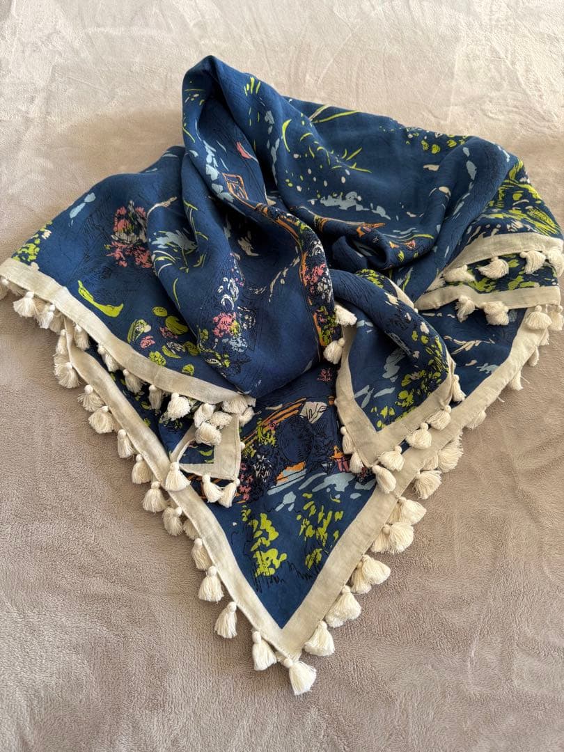 マニプリ ストール フリンジ　ネイビー シルクコットン　120