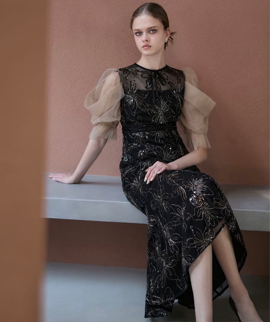 スパンコールフラワーリボンチュールワンピースドレス結婚式二次会パーティー成人式