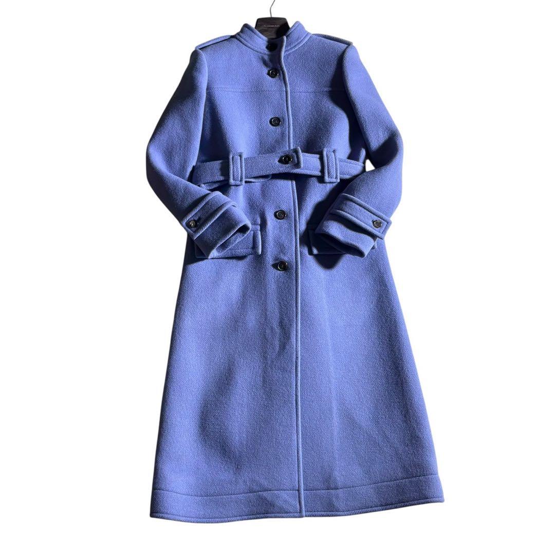 美品 Chloé スタンドカラー ベルデッドウールコート くすみブルー クロエ