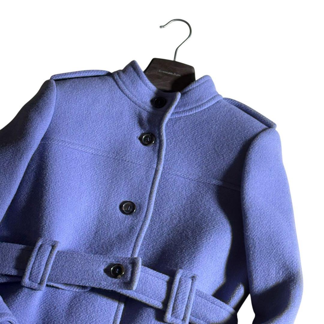 美品 Chloé スタンドカラー ベルデッドウールコート くすみブルー クロエ
