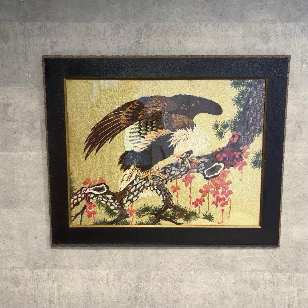 文化刺繍　昭和レトロ 額縁 大型 鷲 イーグル 刺繍画 刺繍アート 鷹 松