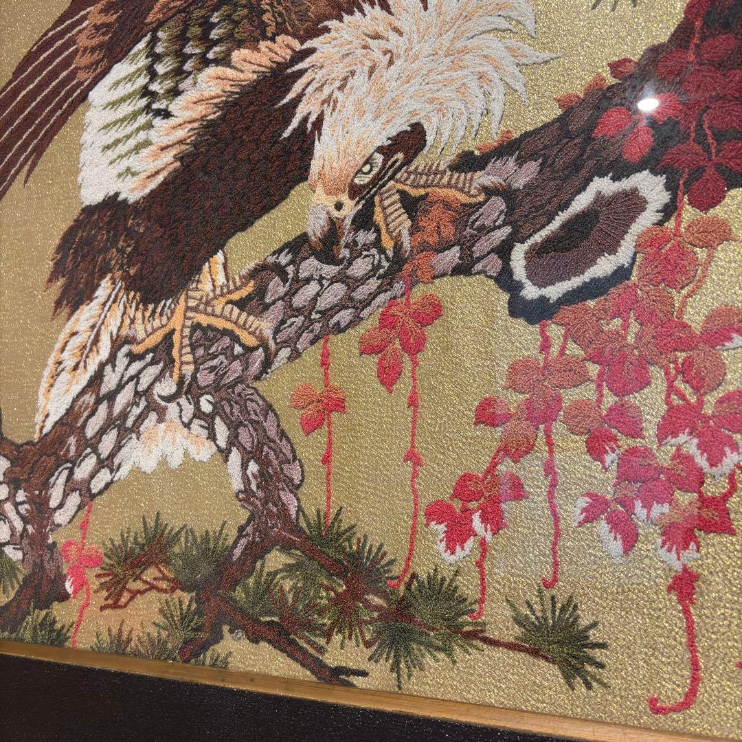 文化刺繍　昭和レトロ 額縁 大型 鷲 イーグル 刺繍画 刺繍アート 鷹 松