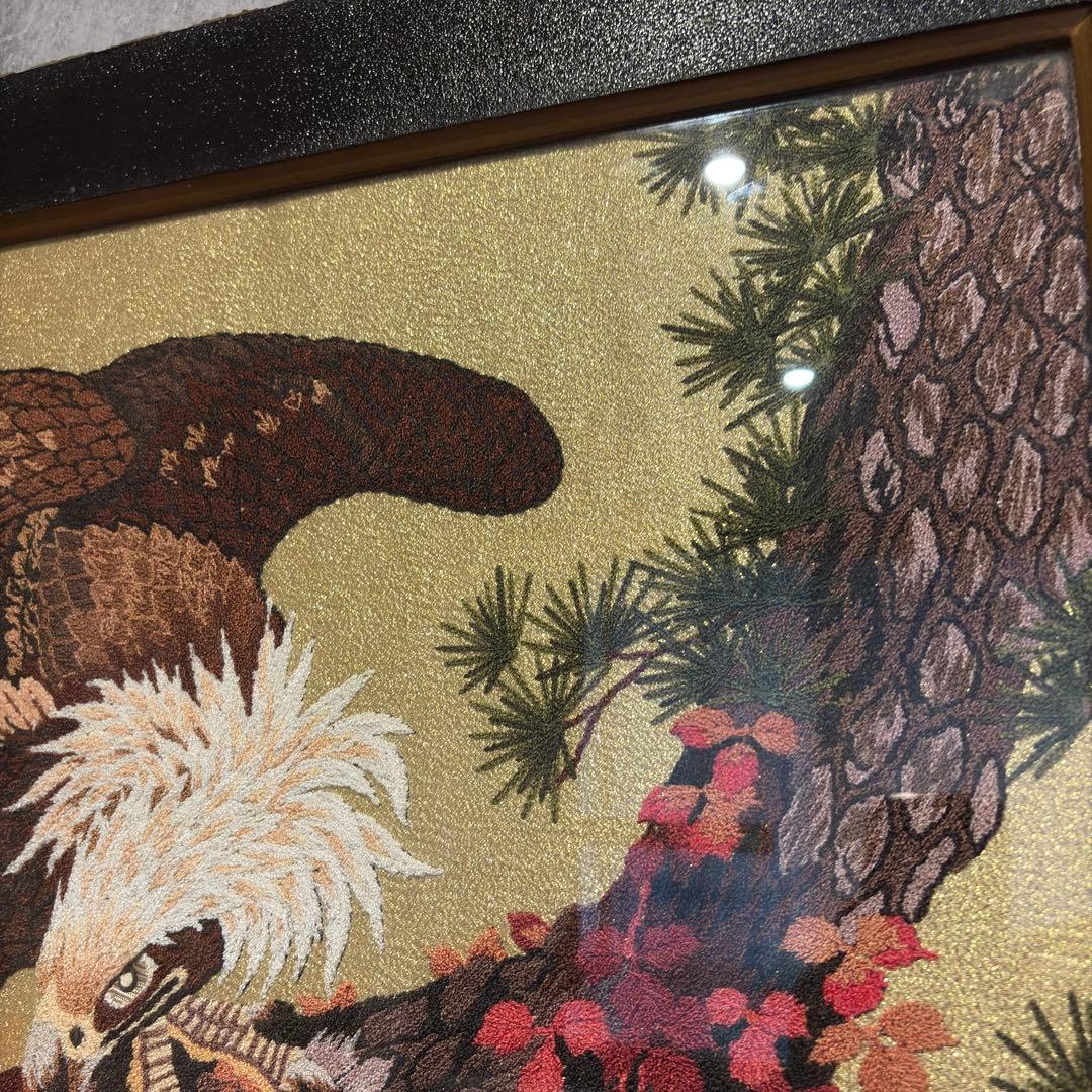 文化刺繍　昭和レトロ 額縁 大型 鷲 イーグル 刺繍画 刺繍アート 鷹 松