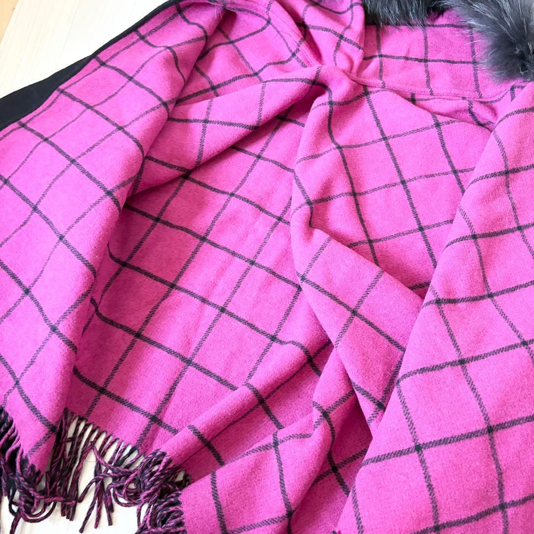グレースコンチネンタル ストール　ポンチョ　チェック　ファー　ラクーン