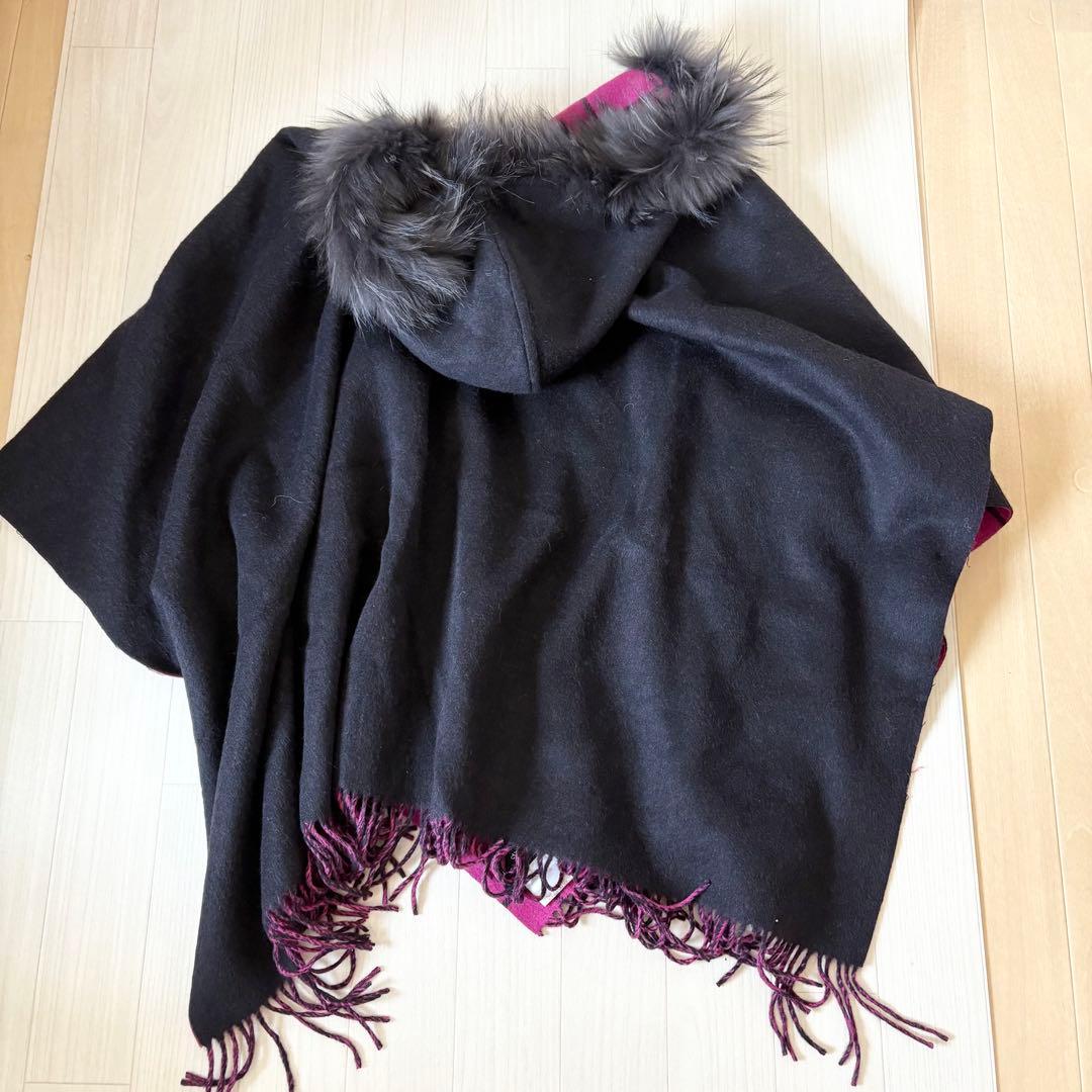 グレースコンチネンタル ストール　ポンチョ　チェック　ファー　ラクーン