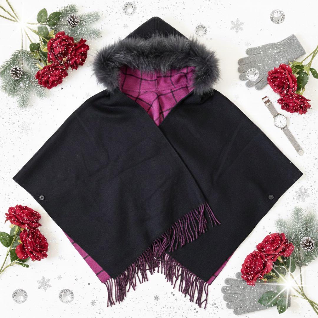 グレースコンチネンタル ストール　ポンチョ　チェック　ファー　ラクーン