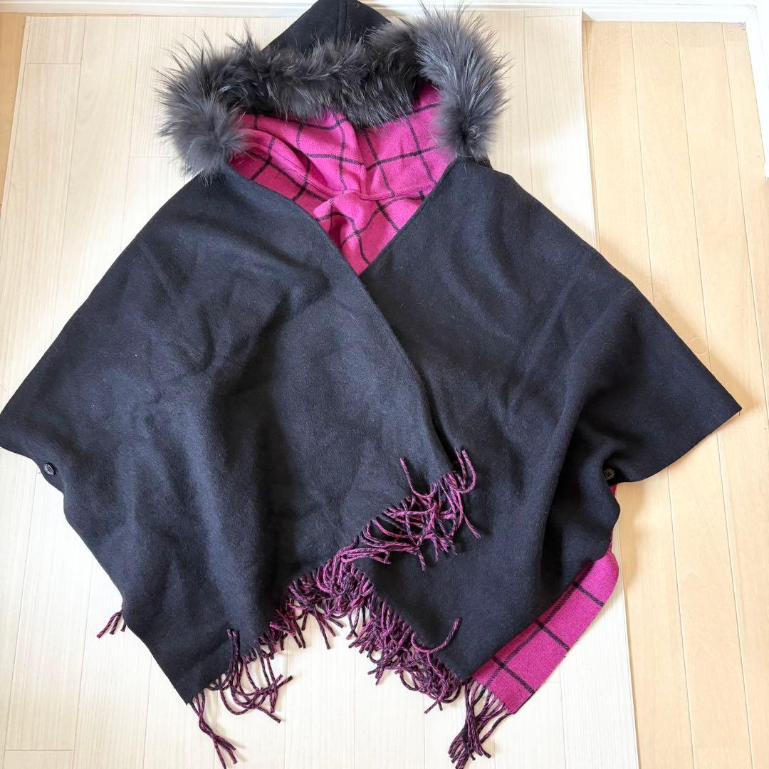 グレースコンチネンタル ストール　ポンチョ　チェック　ファー　ラクーン