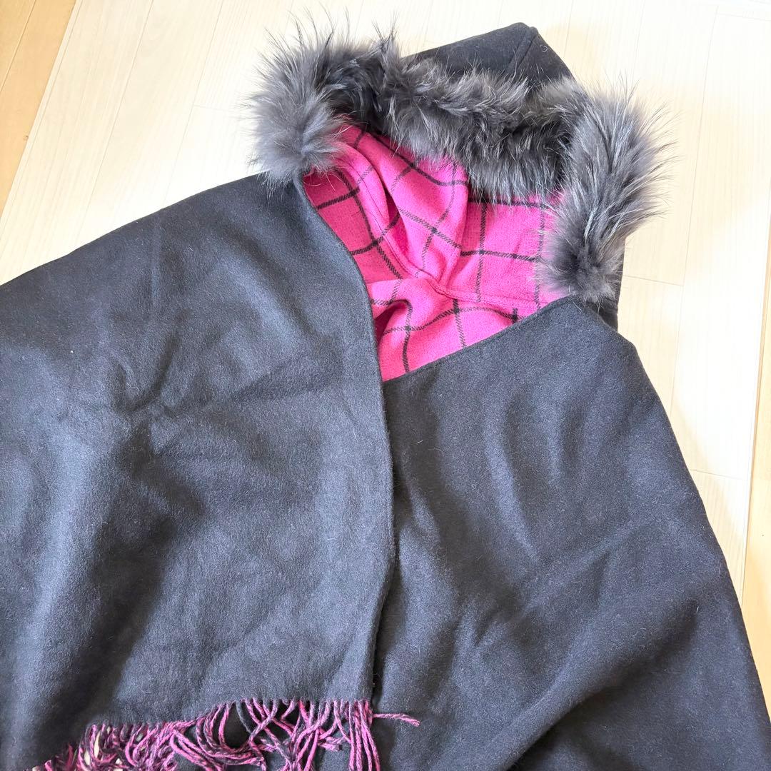 グレースコンチネンタル ストール　ポンチョ　チェック　ファー　ラクーン