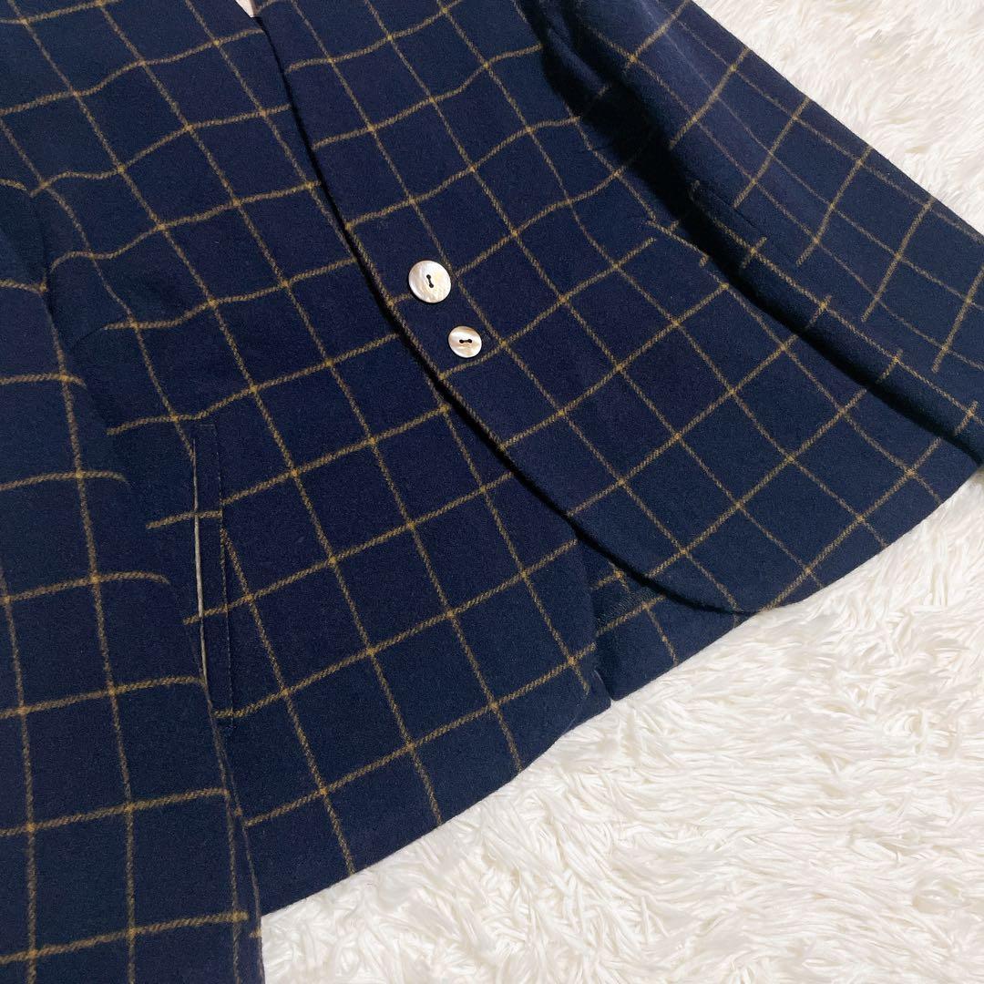 パラスパレス　ネイビー チェック ノーカラージャケット　ウール　サイズ2