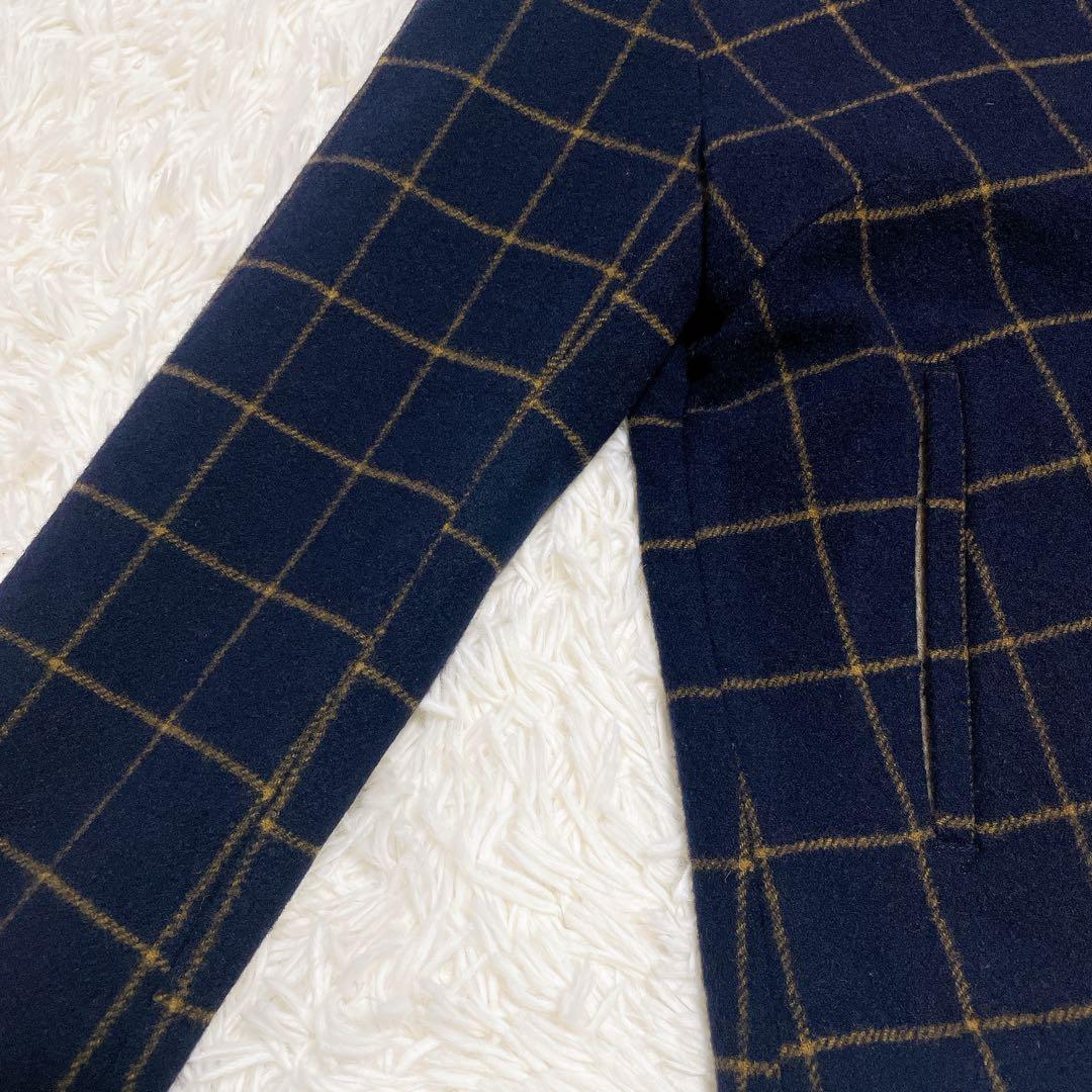パラスパレス　ネイビー チェック ノーカラージャケット　ウール　サイズ2