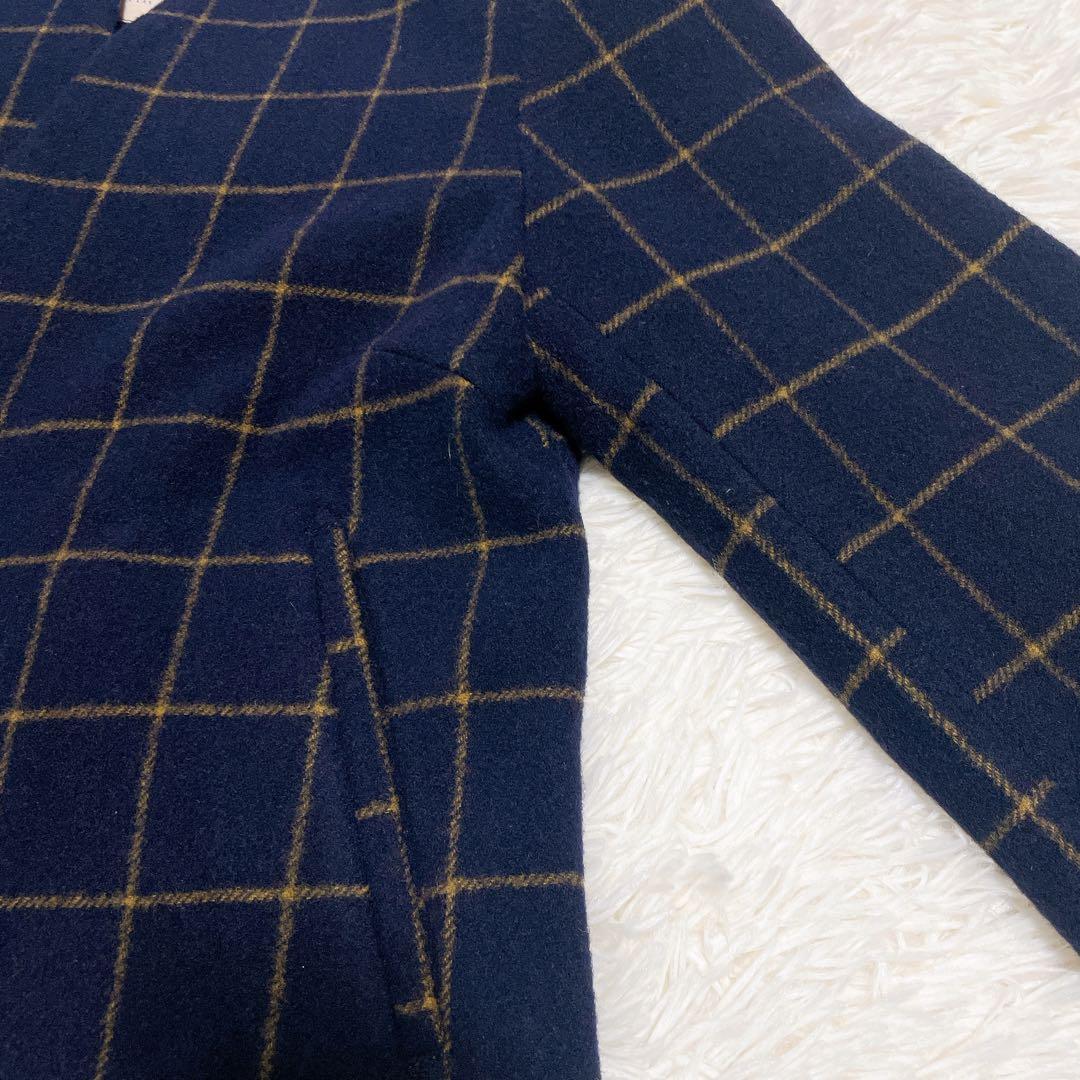 パラスパレス　ネイビー チェック ノーカラージャケット　ウール　サイズ2