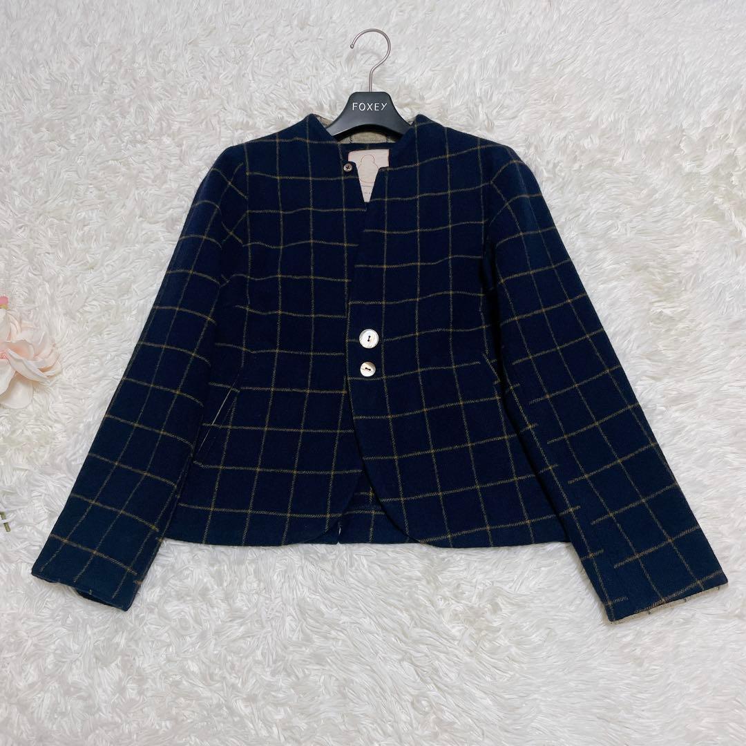 パラスパレス　ネイビー チェック ノーカラージャケット　ウール　サイズ2