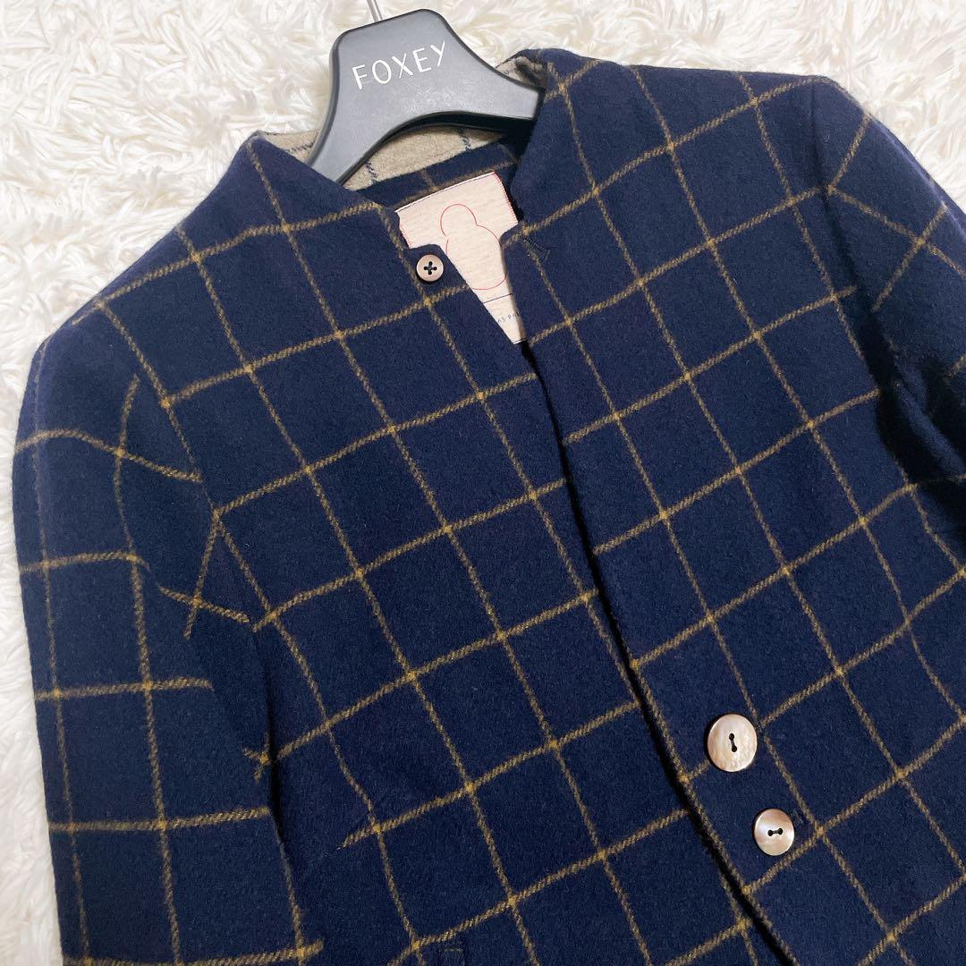 パラスパレス　ネイビー チェック ノーカラージャケット　ウール　サイズ2