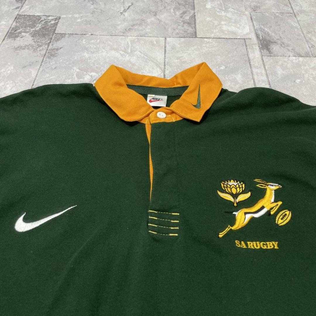 90s NIKE ラガーシャツ 長袖 刺繍ロゴ 南アフリカ代表 銀タグ ラグビー