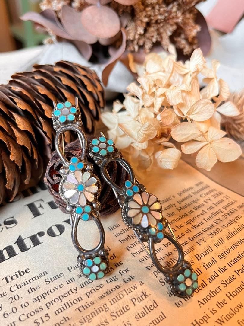 【ヴィンテージ】ズニ　VM DISHTA作フラワーインレイヘアピン2本セット