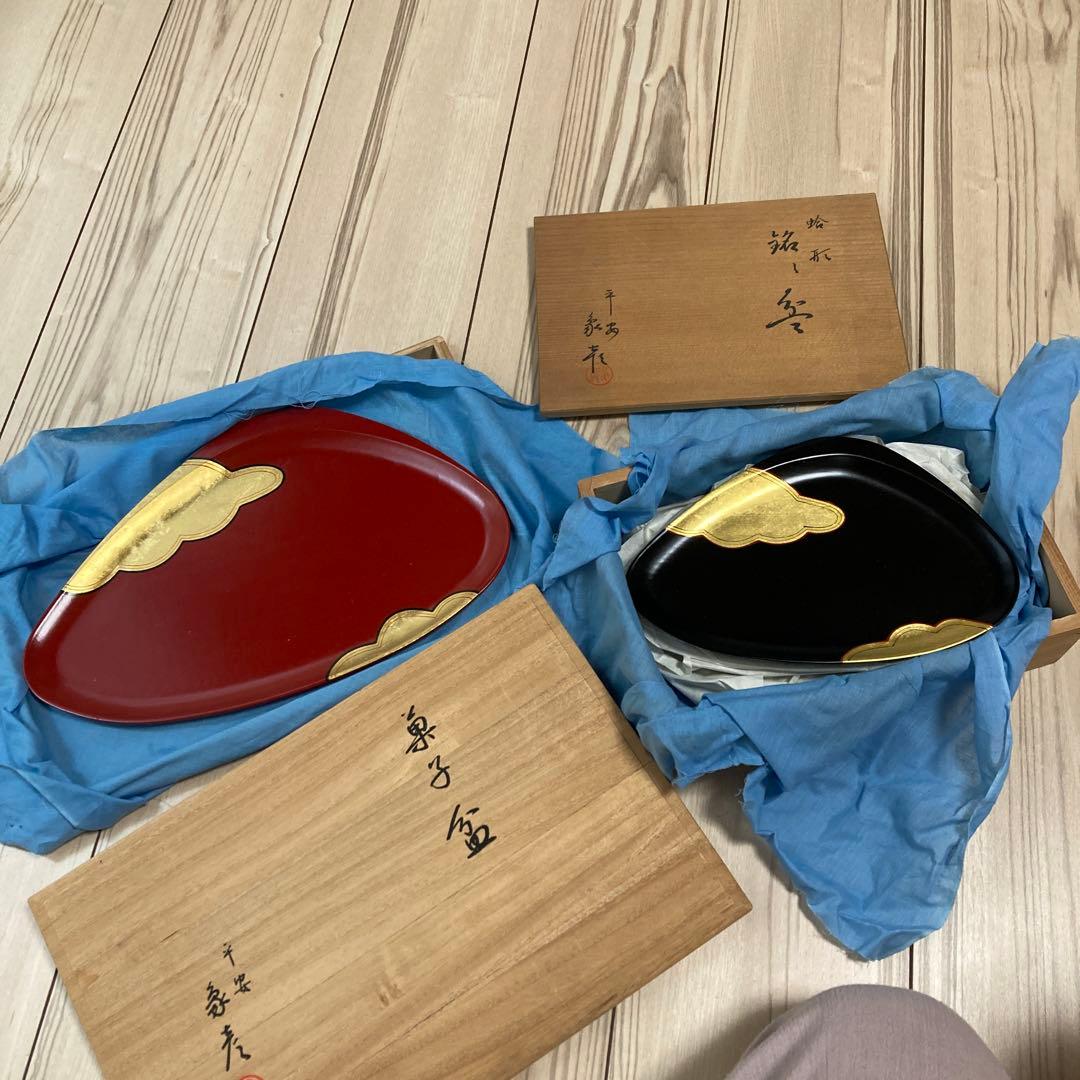 【未使用品】象彦　源氏雲　蛤型　銘々皿　菓子盆　金彩　京都平安　黒5枚　赤１枚