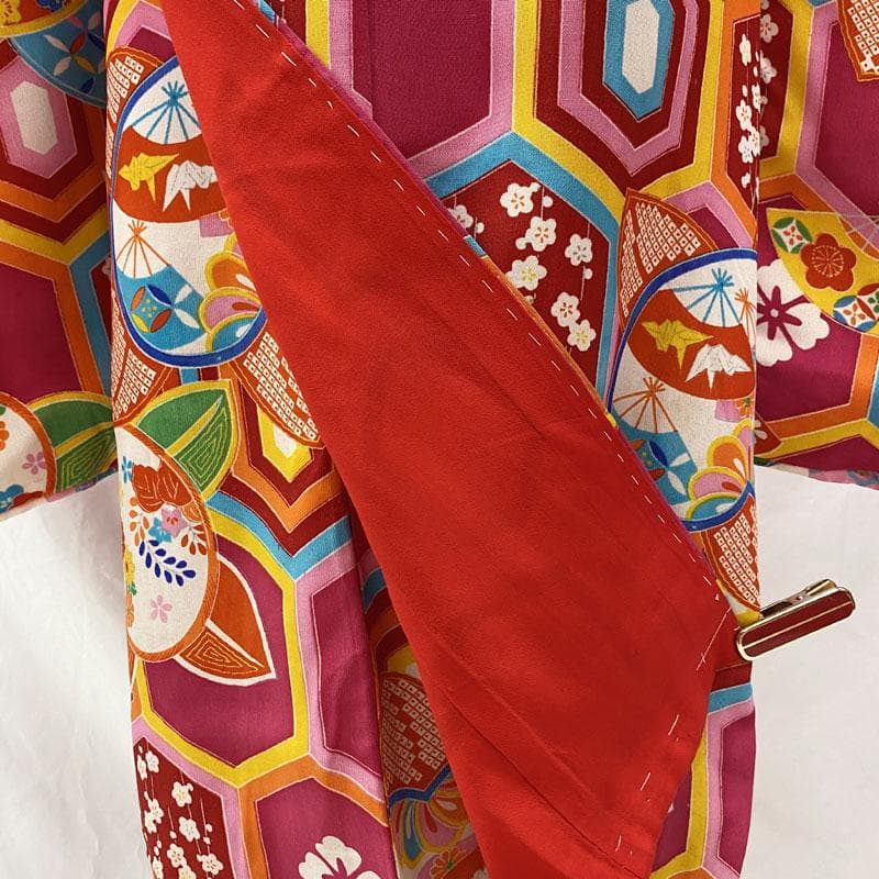 508ag49◎七五三 七歳 女児 アンティーク着物&丸帯 総柄 赤紫◎
