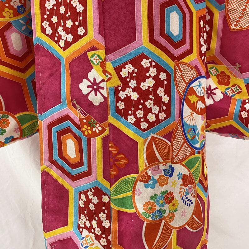 508ag49◎七五三 七歳 女児 アンティーク着物&丸帯 総柄 赤紫◎