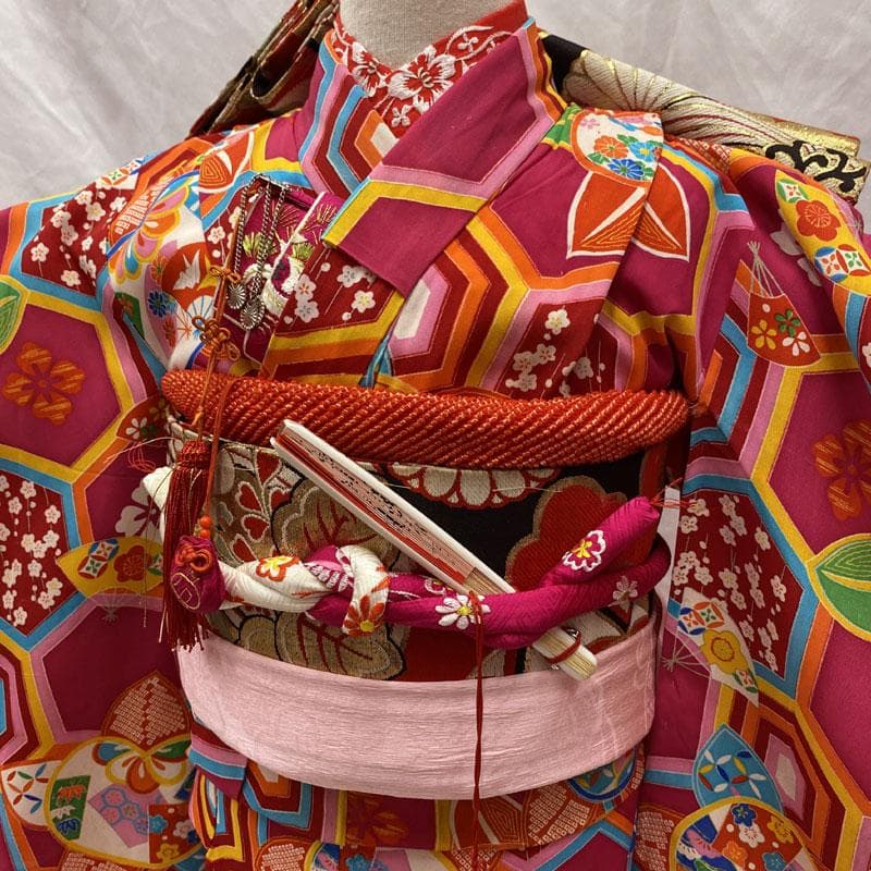 508ag49◎七五三 七歳 女児 アンティーク着物&丸帯 総柄 赤紫◎