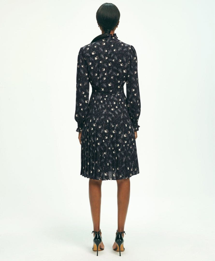 ブルックスブラザーズ　フクロウ柄フリル襟ワンピース 黒 膝丈　サイズ感4