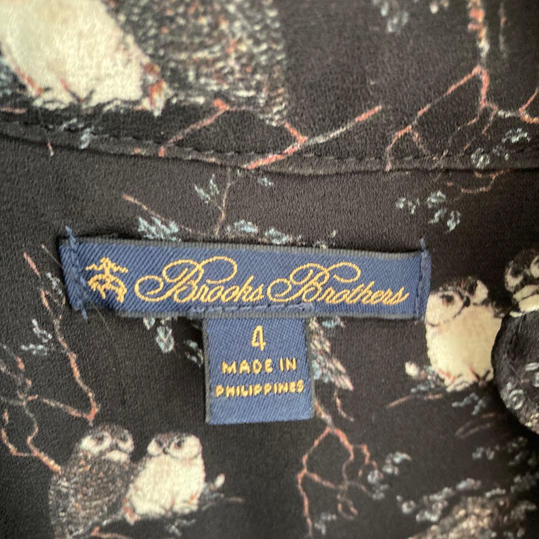 ブルックスブラザーズ　フクロウ柄フリル襟ワンピース 黒 膝丈　サイズ感4