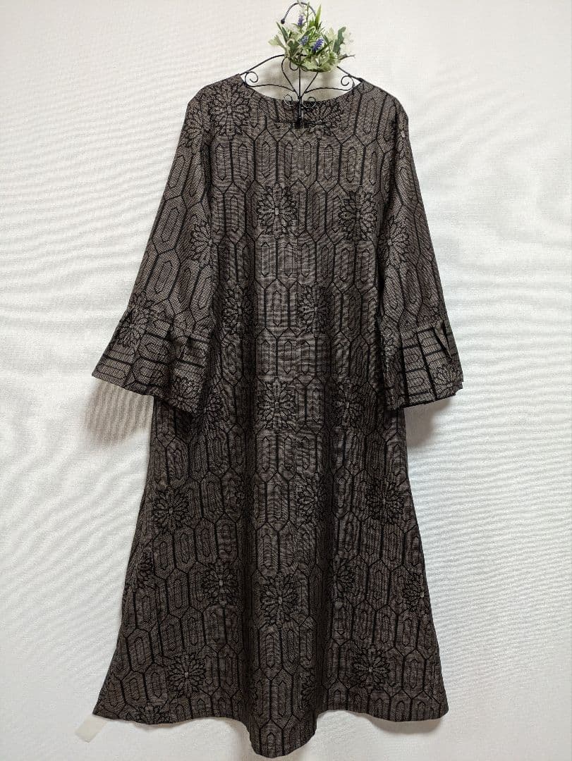 着物リメイクワンピース★7マルキ大島紬★Aラインワンピース&トート★ML〜LL