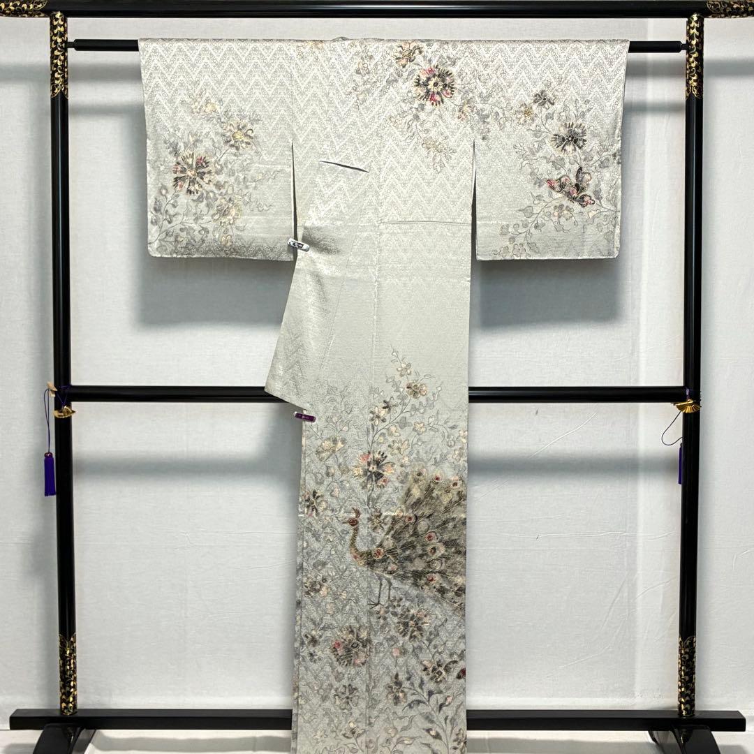 D120 訪問着 孔雀 蝶々 金彩 正絹 着物 袷 しつけ糸付き未使用極美品