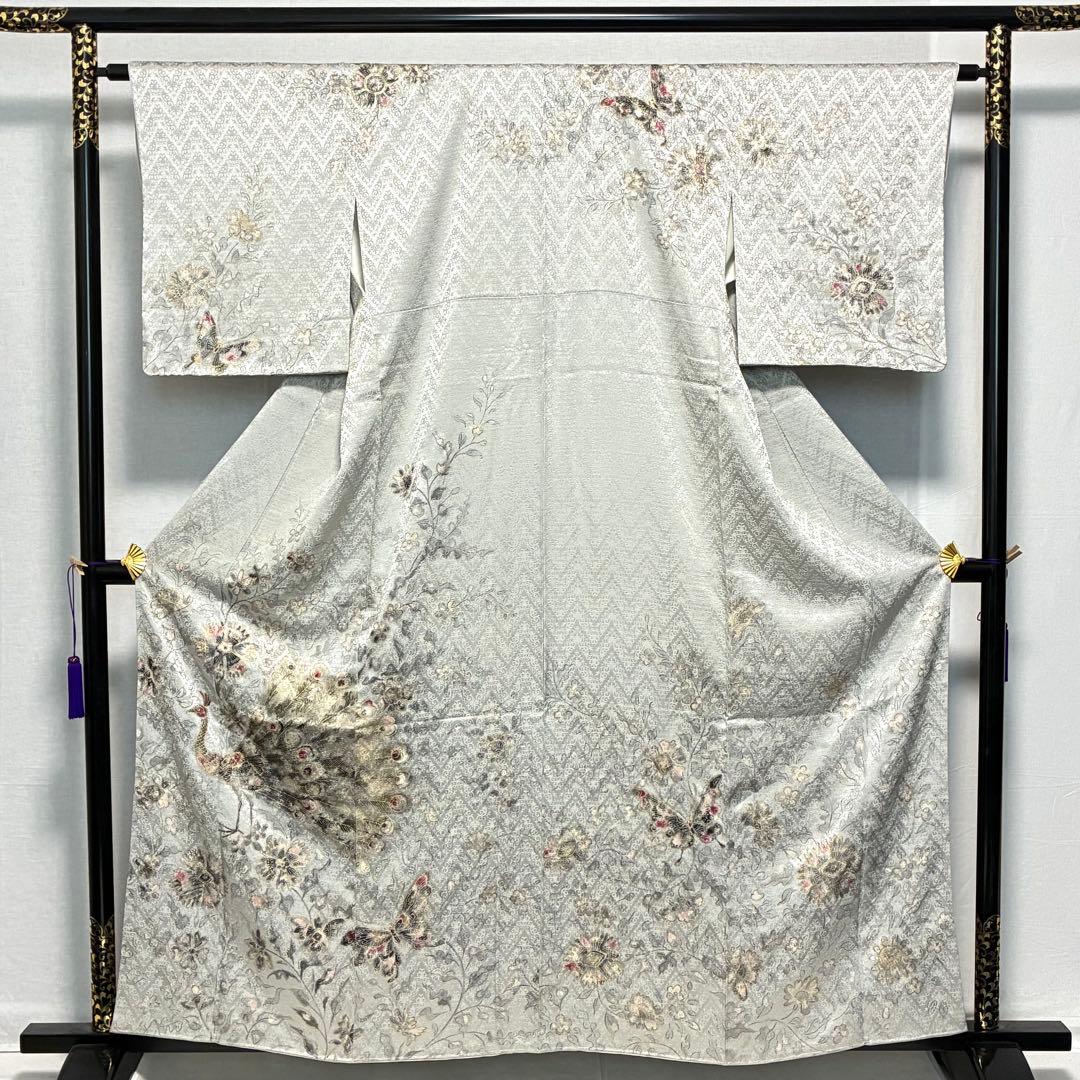 D120 訪問着 孔雀 蝶々 金彩 正絹 着物 袷 しつけ糸付き未使用極美品